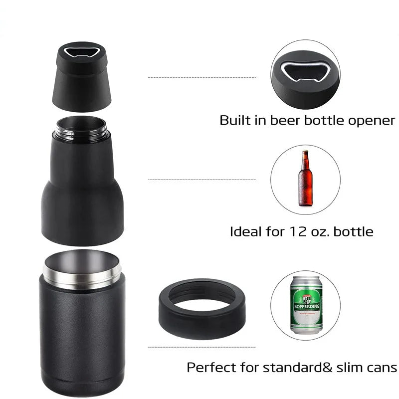 3 in 1 Stainless Steel Beer Drink Can Bottle Holder with Cola Opener Double Wall Vacuum Insulated Bottle for Beer Can Cooler Bar