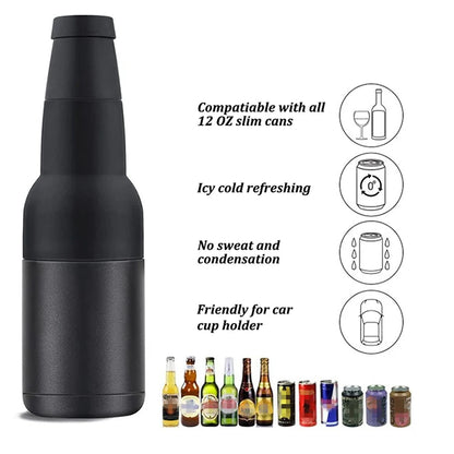 3 in 1 Stainless Steel Beer Drink Can Bottle Holder with Cola Opener Double Wall Vacuum Insulated Bottle for Beer Can Cooler Bar